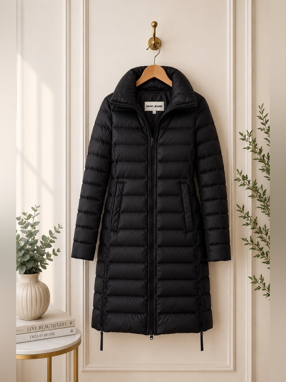 DKNY Jeans XXS Long Puffer Coat Black 90% Duck Down Hooded NWT